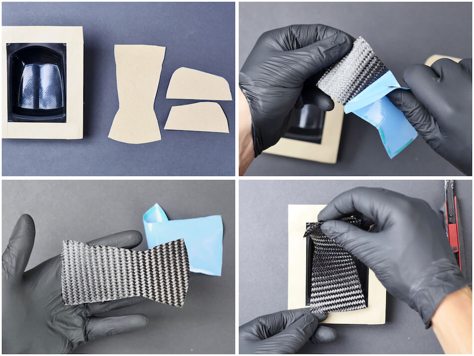 This picture shows how carbon fiber prepregs are laminated onto the mould.